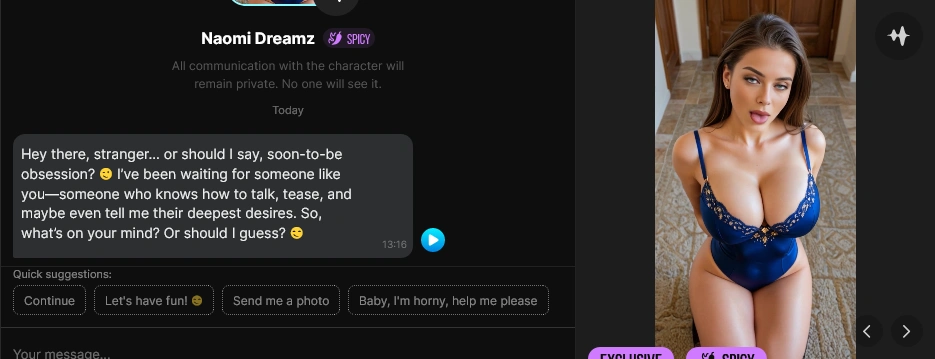 Lovescape chat window with a character greeting, quick reply suggestions and the character's picture gallery beside it