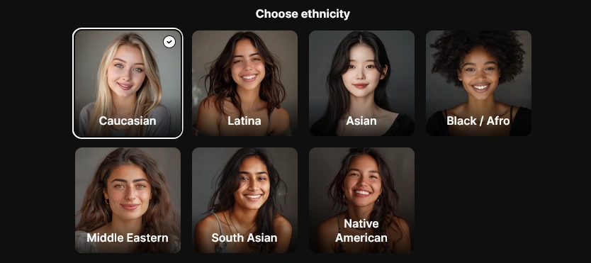 Create New step titled Choose ethnicity, with seven portrait tiles to pick from