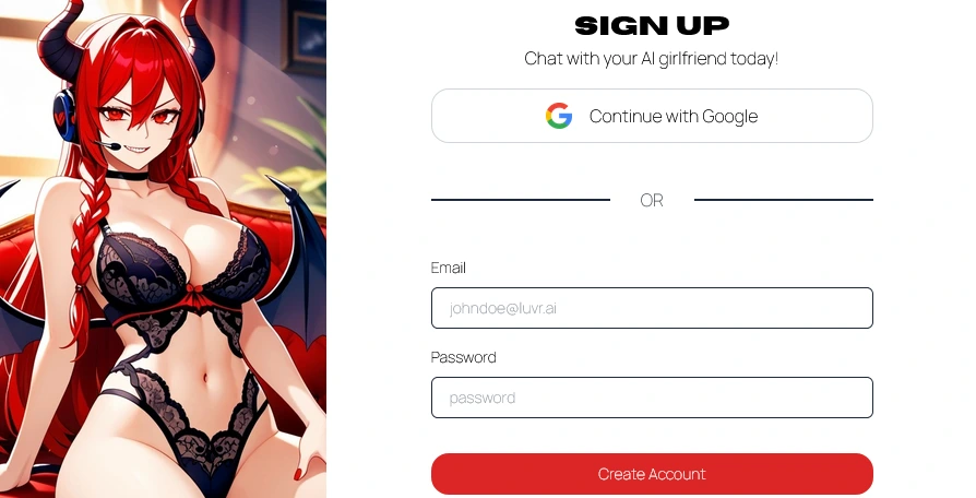 Luvr AI Sign Up form with a Continue with Google button, email and password fields and a Create Account button