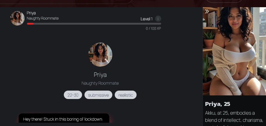 A chat opening with the character's level bar at 0 of 100 XP, name, role, three tags, a first line about a lockdown and a profile panel