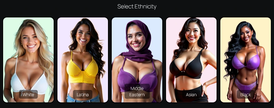 Create Character step titled Select Ethnicity with five picture options: White, Latina, Middle Eastern, Asian and Black