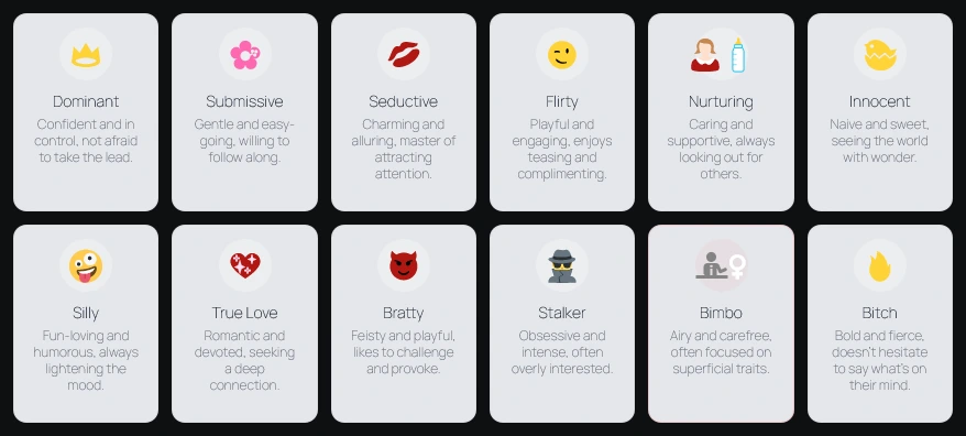 A grid of 12 personality presets, each with an emoji, a name such as Dominant, Flirty or True Love, and a one-line description