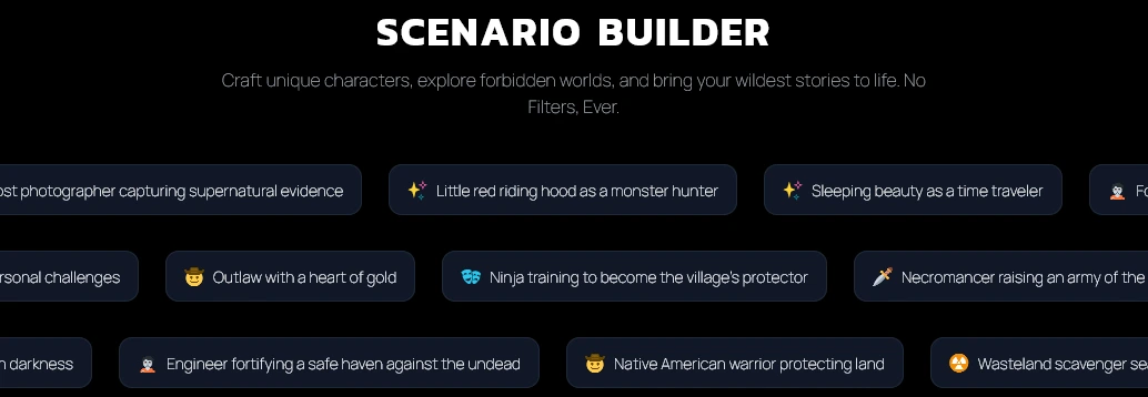 Scenario Builder page with rows of ready-made story prompts, such as an outlaw with a heart of gold and a ninja in training