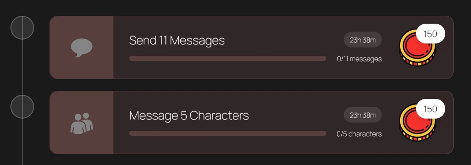 Daily Challenges: Send 11 Messages and Message 5 Characters, each worth 150 coins, with progress bars and a countdown