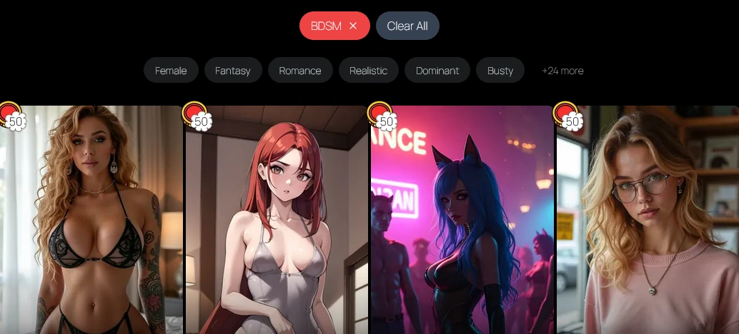 Explore view with an active tag filter, a Clear All button, a row of theme tags with 24 more, and character cards below