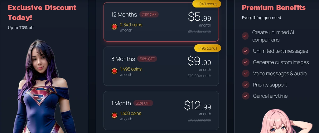 Plan picker: 12 months at $5.99, 3 months at $9.99 and 1 month at $12.99 a month, each with monthly coins, beside a benefits list