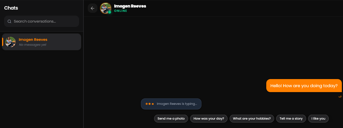 A chat window with a conversation list, a typing indicator and quick-reply chips such as Send me a photo and Tell me a story