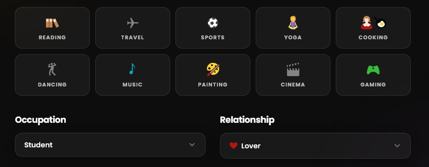 The creator's hobby tiles, from Reading and Travel to Cinema and Gaming, with Occupation and Relationship drop-downs