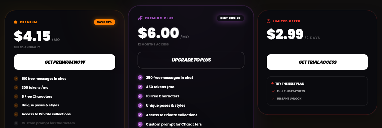 The pricing page: Premium at $4.15 a month billed annually, Premium Plus at $6.00 a month and a $2.99 two-day trial