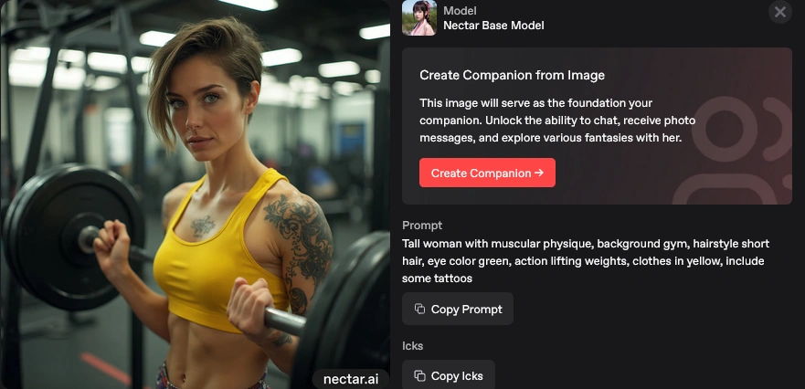 A generated picture beside its prompt, with a Create Companion from Image panel and Copy Prompt button