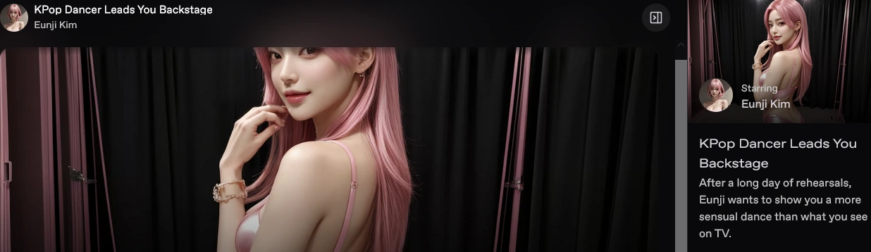Nectar AI scenario titled KPop Dancer Leads You Backstage, with a Starring panel and a short backstory beside the chat