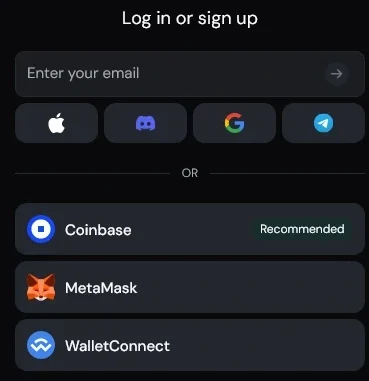 Nectar AI Log in or sign up box with an email field, Apple, Discord, Google and Telegram buttons, and Coinbase, MetaMask and WalletConnect