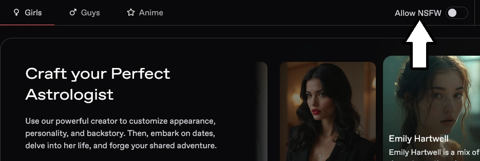 Nectar AI home page with Girls, Guys and Anime tabs and an adult-content toggle, switched off, at the top right