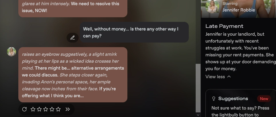 Nectar AI chat window with narrated replies in italics, a star rating under the reply and a Suggestions panel on the right