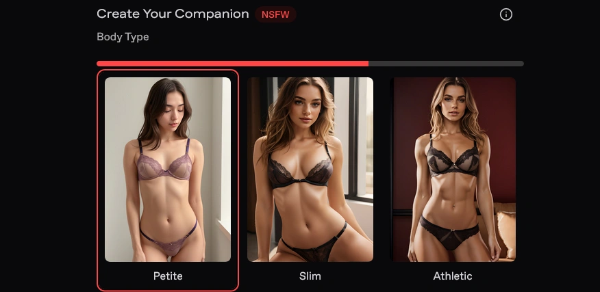 Create Your Companion screen at the Body Type step, with a progress bar and three options: Petite, Slim and Athletic
