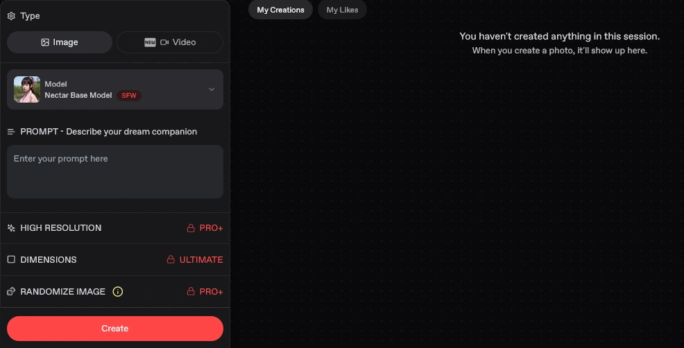 Nectar AI generator with Image and Video tabs, a model picker, a prompt box, and High Resolution, Dimensions and Randomize locked to paid plans