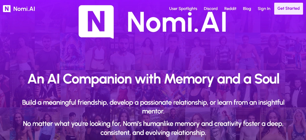 Nomi home page with the headline An AI Companion with Memory and a Soul, and Sign In and Get Started buttons