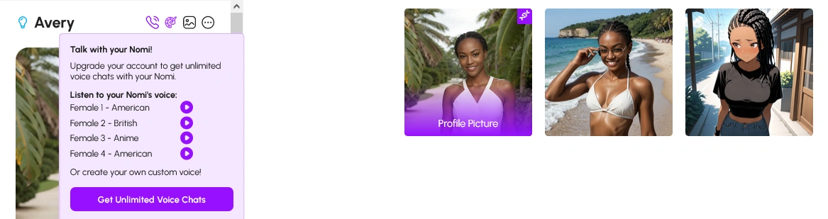 Voice panel listing four sample voices with play buttons and a Get Unlimited Voice Chats button, beside three generated pictures