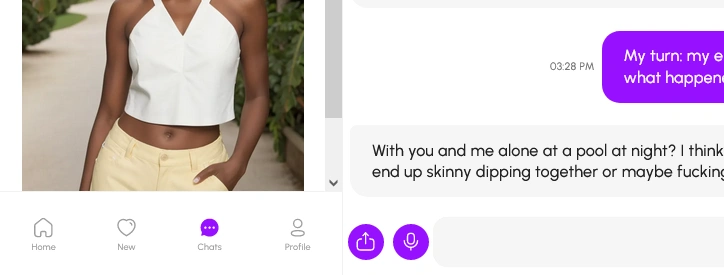 Bottom of the Nomi chat window with Home, New, Chats and Profile tabs, and upload and microphone buttons by the message box
