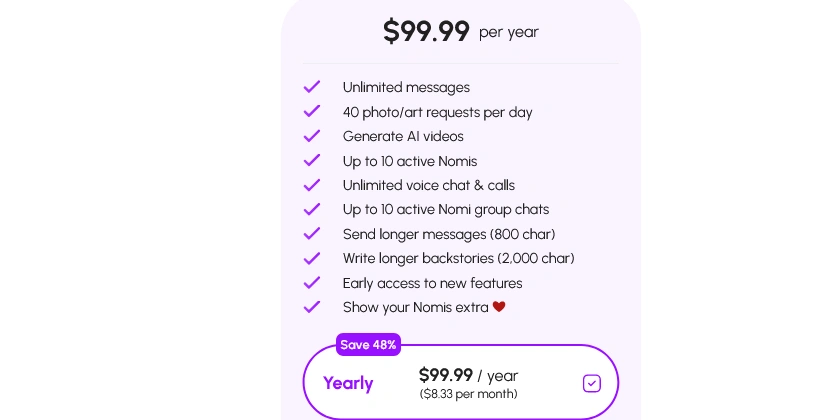 Nomi yearly plan card at $99.99 a year, $8.33 a month, marked Save 48%, listing unlimited messages, 40 art requests a day and more