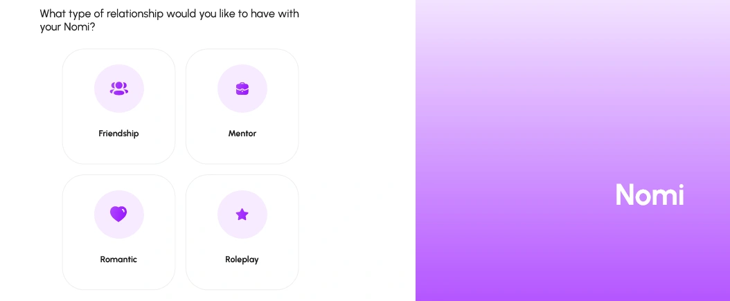Nomi set-up screen asking what relationship you want, with four cards: Friendship, Mentor, Romantic and Roleplay