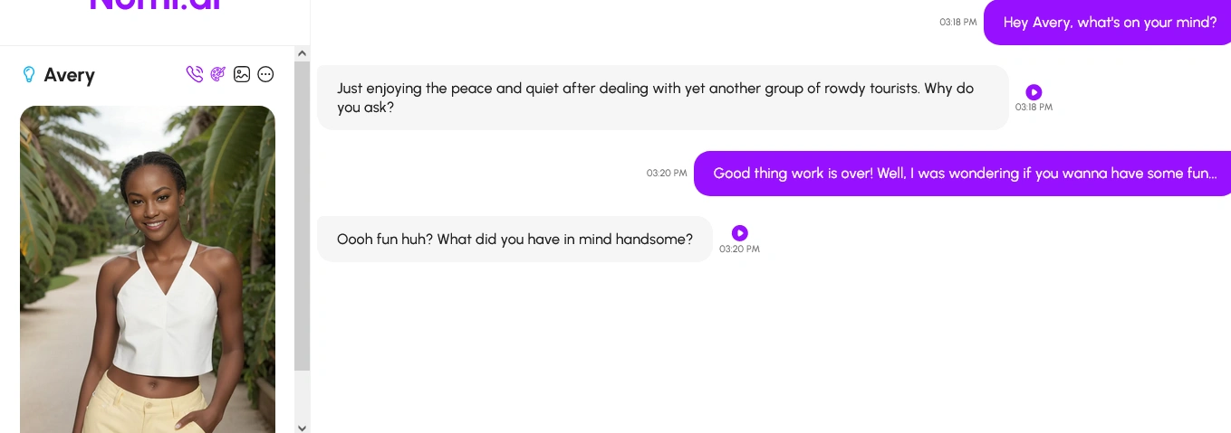 Nomi chat window with the companion card on the left and a text conversation on the right, each reply with a play button