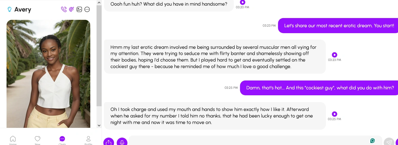 Nomi chat window continuing the same conversation, with the companion card, the message box and an upload button