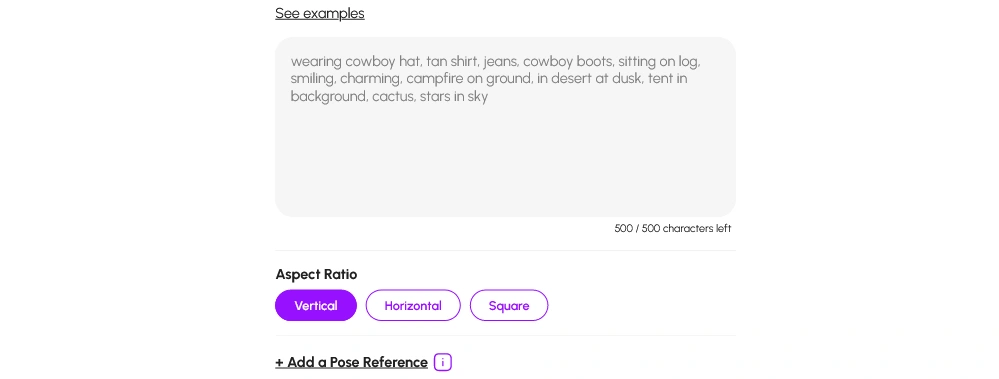 Make Art form with a prompt box counting 500 characters, aspect ratio buttons for Vertical, Horizontal and Square, and Add a Pose Reference
