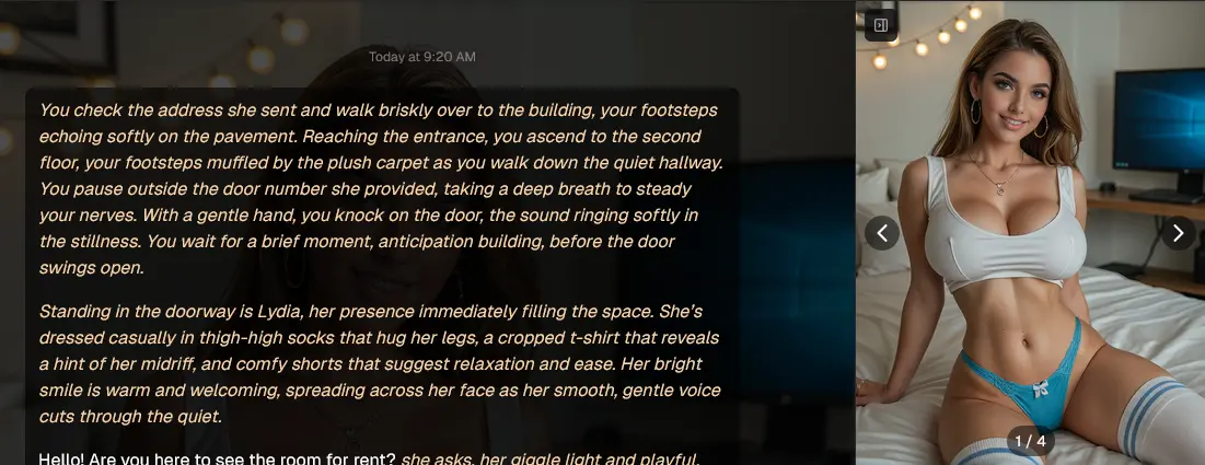 A chat window where the character's reply is written as narrated story text, with a gallery of the character's pictures beside it