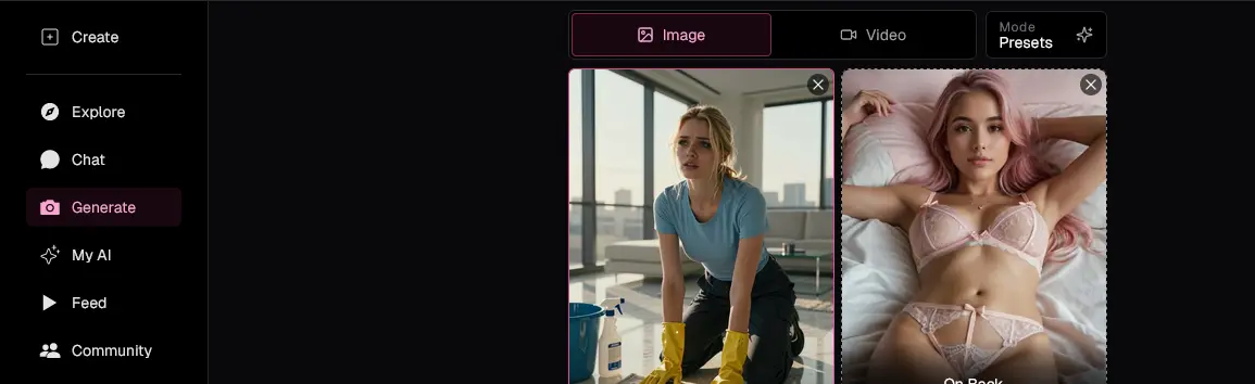 The generator with Image and Video tabs, a Presets mode switch and preset picture cards to choose from