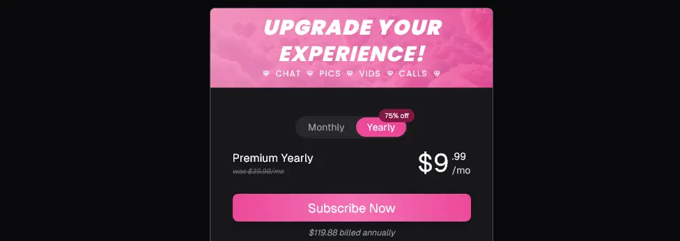 The upgrade panel with a Monthly or Yearly switch: Premium Yearly at $9.99 a month, $119.88 billed annually, marked 75% off