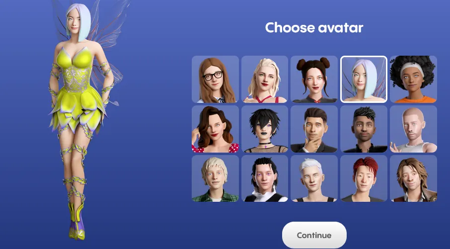The Choose avatar screen: a grid of 15 preset 3D looks, female and male, with the selected fairy look shown full length