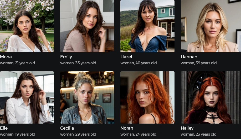 The character library: a grid of companion photos, each labelled with a name and an age