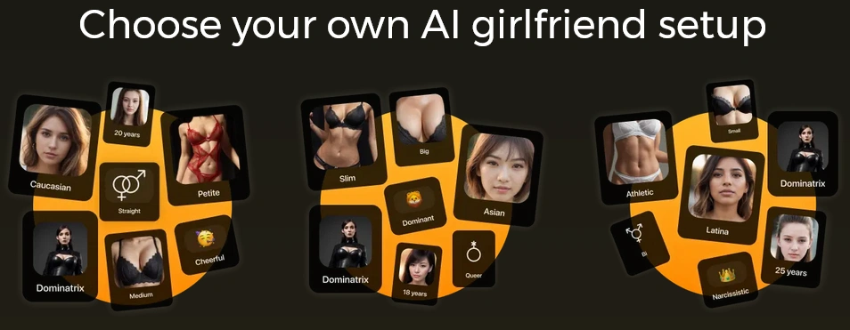 The Choose your own AI girlfriend setup banner with example choices for ethnicity, age, orientation and personality