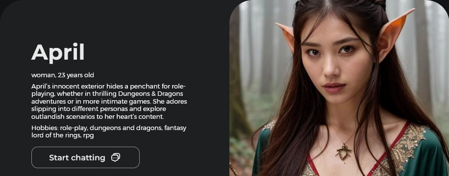 A character profile for April with her age, a short bio, a list of hobbies and a Start chatting button