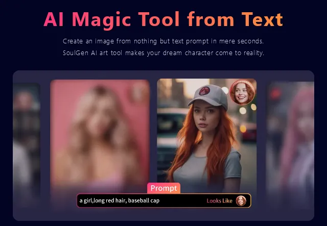 The AI Magic Tool from Text banner: a prompt box reading a girl, long red hair, baseball cap, with a Looks Like face beside it