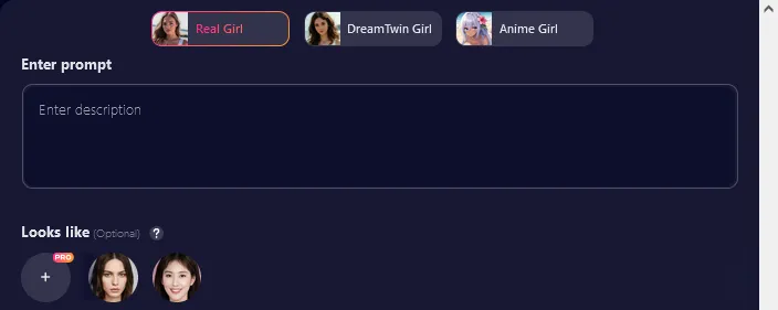 The generator with Real Girl, DreamTwin Girl and Anime Girl tabs, a prompt box and an optional Looks like face row