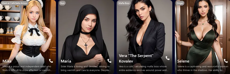 Soul Chat character cards, each with a role label such as Nun or Singer, a name, a short bio and a phone-call icon
