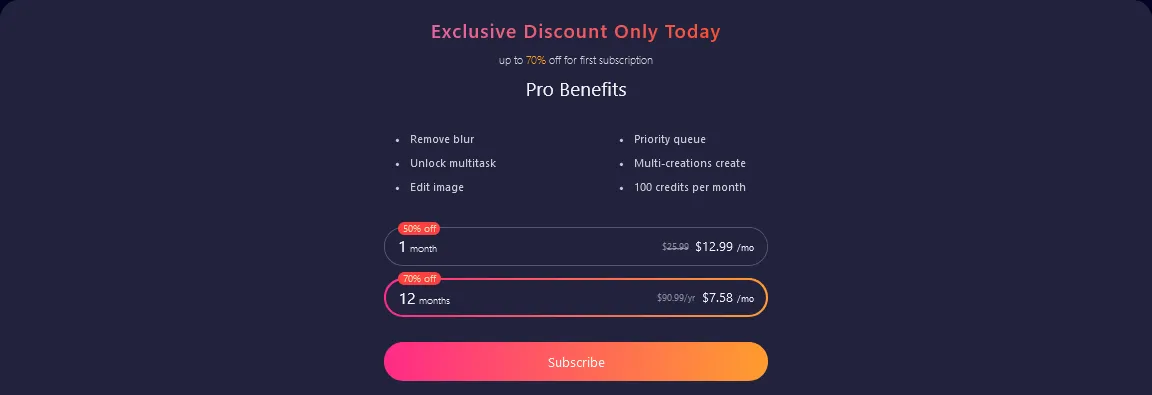 The Pro offer: $12.99 a month for one month or $7.58 a month for 12 months, with benefits including 100 credits a month