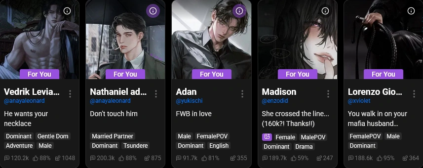 Member-written chatbot cards with a name, the creator's handle, a tagline, tags and message and rating counts