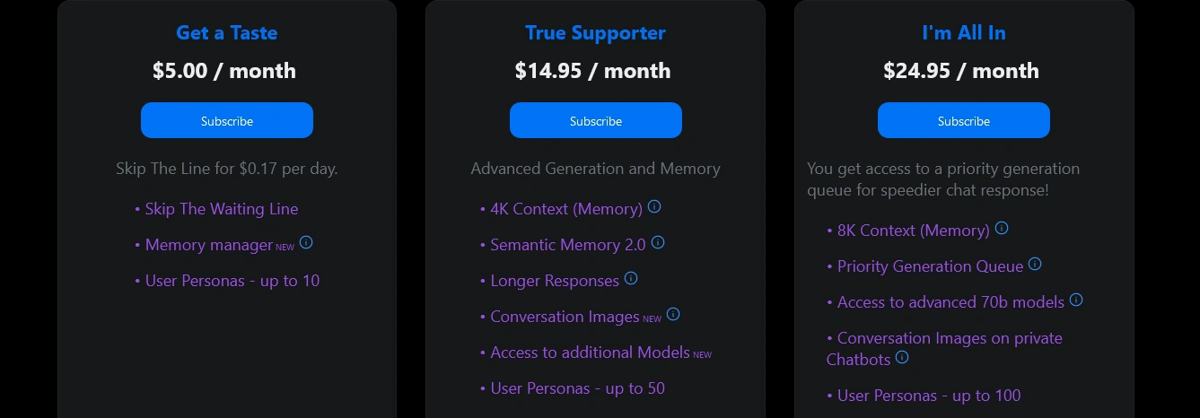 The three tiers at $5.00, $14.95 and $24.95 a month, each listing memory, persona and generation features