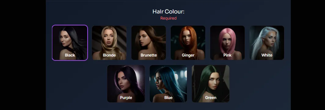 The builder's required Hair Colour step with nine picture options from Black and Blonde to Blue and Green